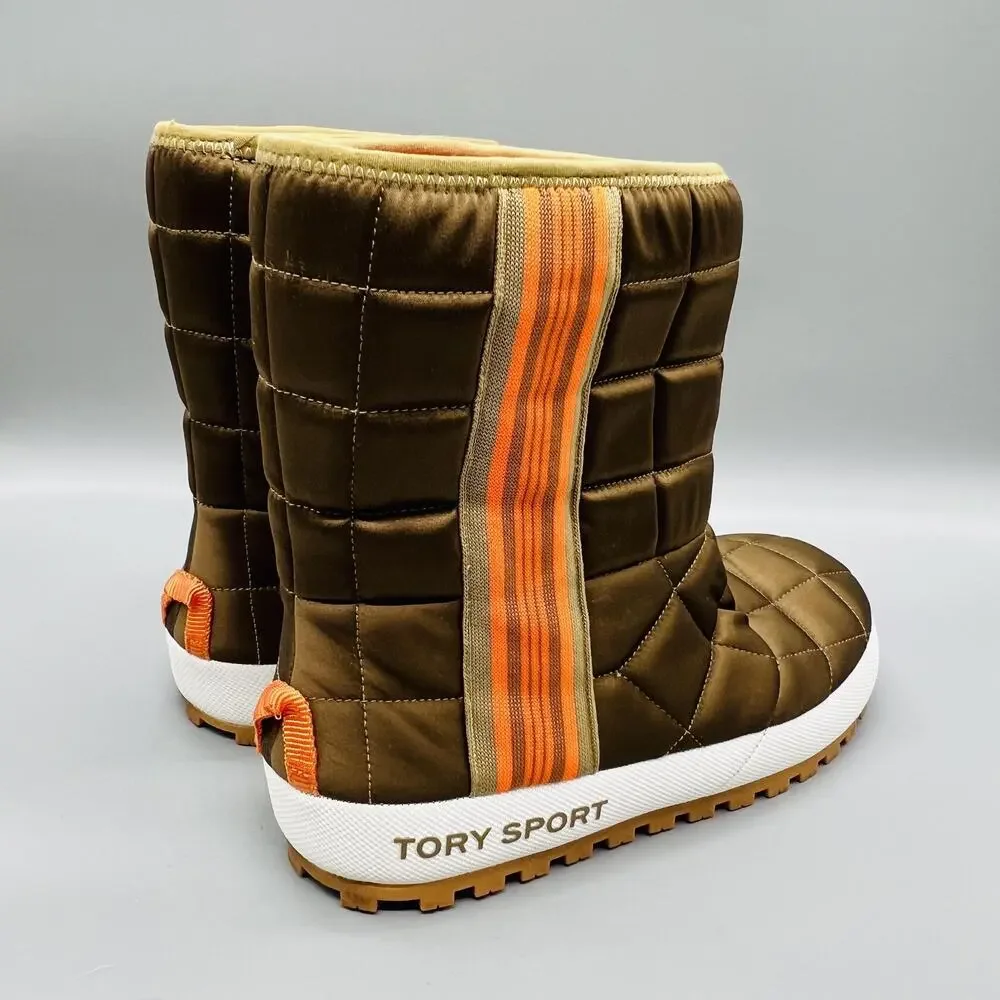 Tory Sport Boots Women 7 Brown Quilted Puffer Mid Calf Pull On Winter Snow Shoes